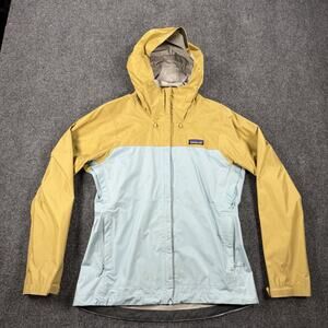Patagonia Womens Rain Jacket Hooded Yellow Blue Size S Waterproof